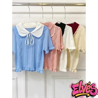 Elves✨พร้อมส่ง✨ เสื้อยืดไหมพรม คอปก แขนสั้น ผ้าบางเบา สไตล์เกาหลี ดีเทลลายผ้าผูกโบว์ น่ารักและใส่สบาย 'MT717-1'