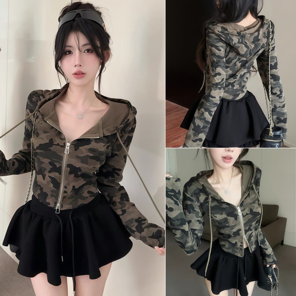 เสื้อคลุมครอปแขนยาว มินิมอล ดีเทลลายทหารเท่ๆ ใส่ได้ทุกวัน สไตล์อเมริกัน ชุดลายพราง