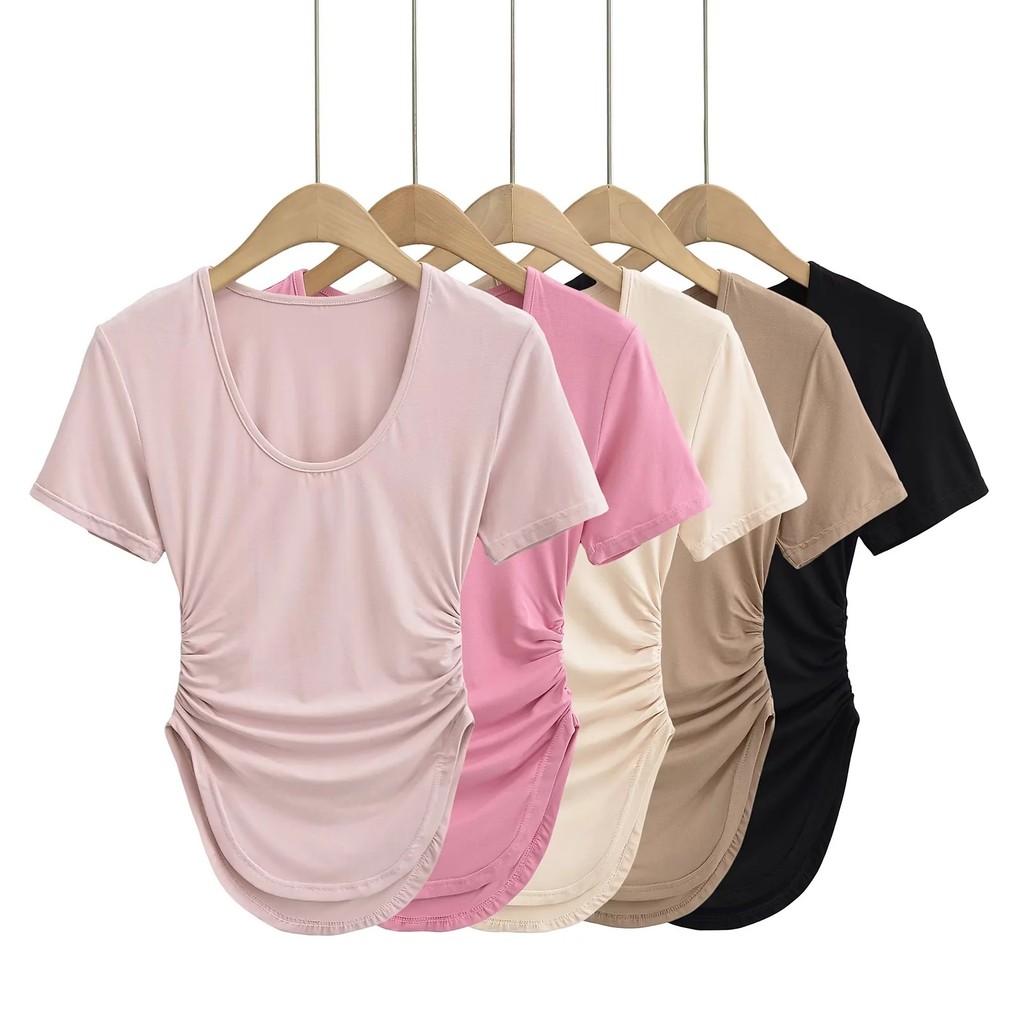 Pure สาว U-คอจีบ Slim-Fit Top หญิงออกแบบโค้ง Hem เอวแคบดูเต้านม Slimmer ดูแขนสั้นเสื้อยืด 10.16