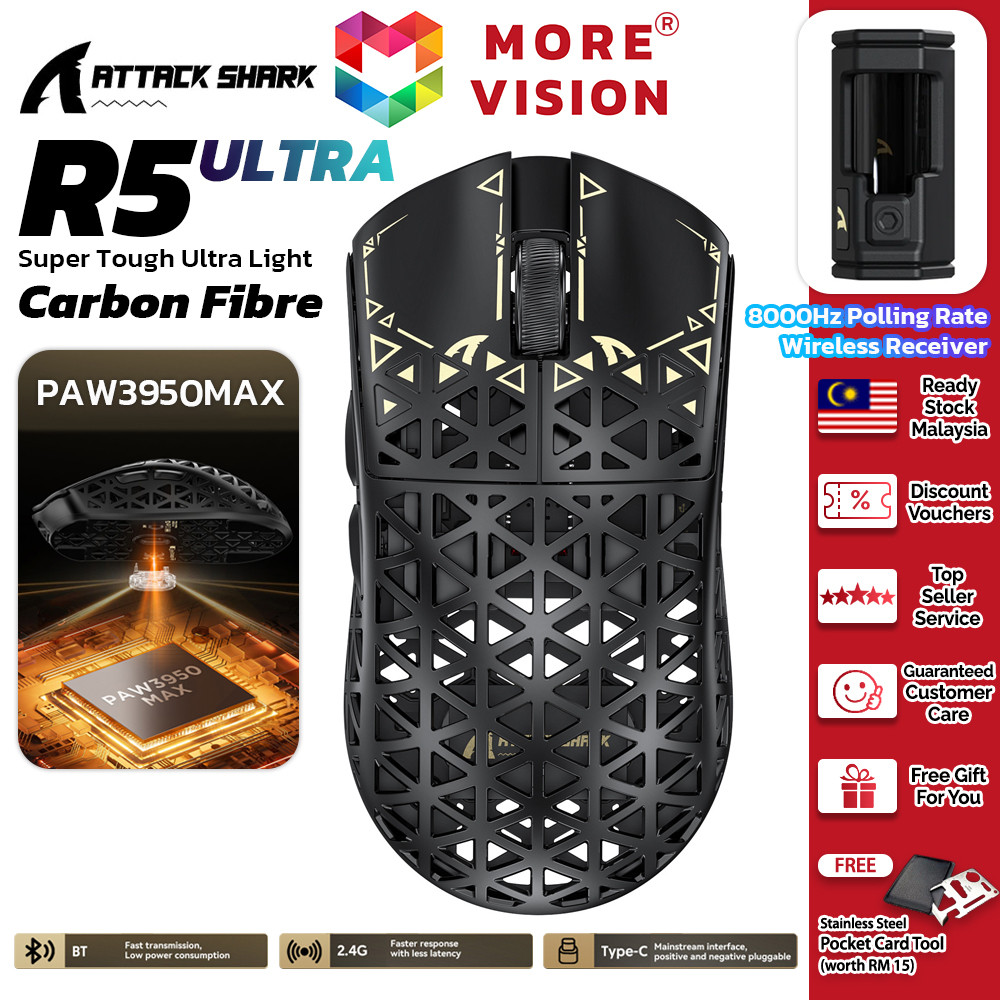 ATTACK SHARK R5 Ultra Wireless Gaming Mouse 3 Modes Connection Carbon Fiber PAW3950MAX 8000Hz Pollin