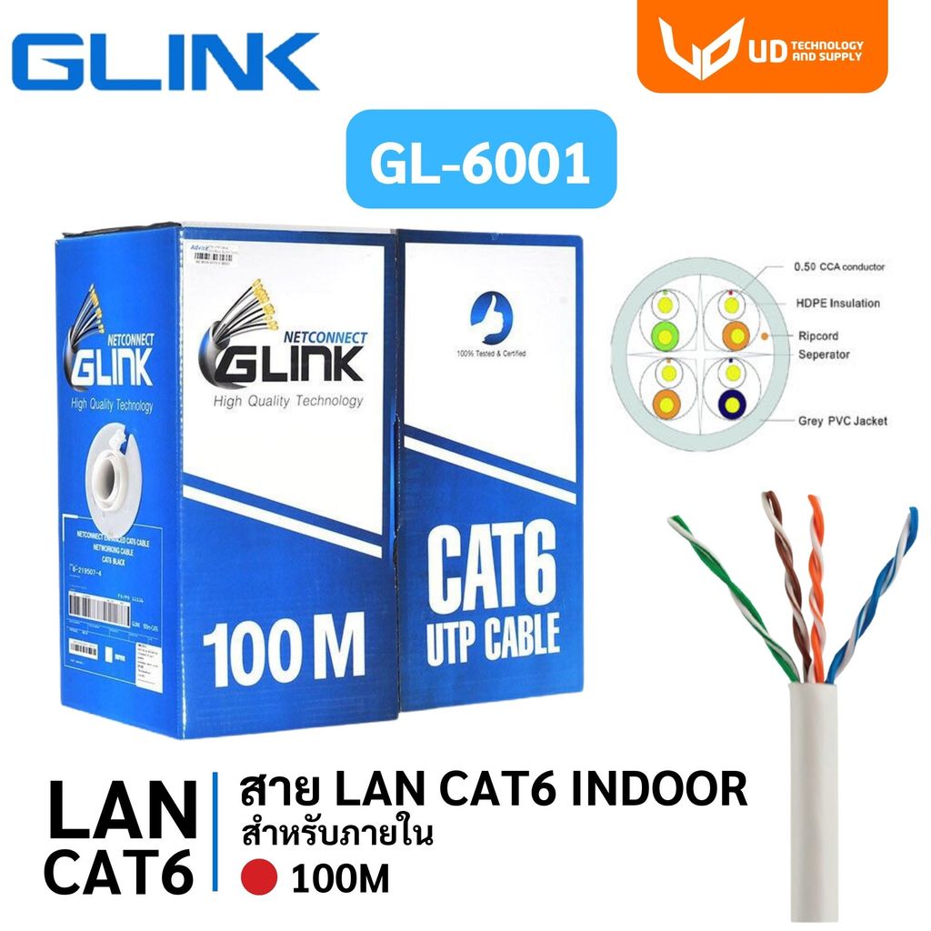 Glink สายแลน CAT6 UTP Cable GL6001 / GL-6001 (100m/Box) สำหรับภายในอาคาร สายสีขาว **พร้อมส่ง**