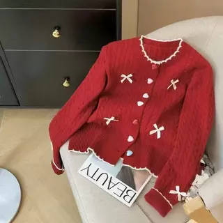 Veewink พร้อมส่งจากกทม เสื้อสเวตเตอร์คริสต์มาส เสื้อคาร์ดิแกนถักสไตล์เกาหลี ทรงสั้น น่ารัก กระชับเอว เนื้อผ้านุ่ม