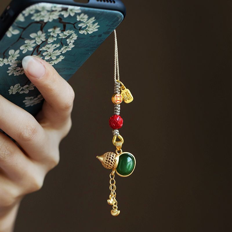 ธรรมชาติ Hetian หยกจี้โทรศัพท์มือถือ Fu Lu Ping An จี้โทรศัพท์มือถือ 3D Hollow Gourd แฟชั่นหญิงโทรศั