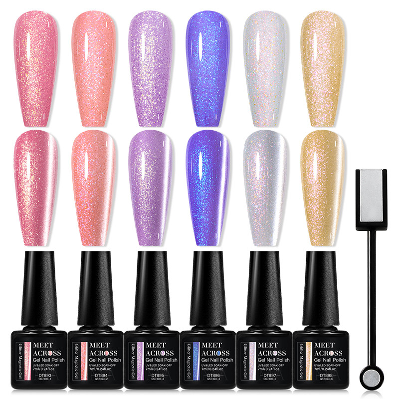 MEET ACROSS 7 ชิ้นแม่เหล็กเล็บเจลชุด Moonlight Glitter แม่เหล็กเจลเล็บ Mermaid เล็บเจล 7ml