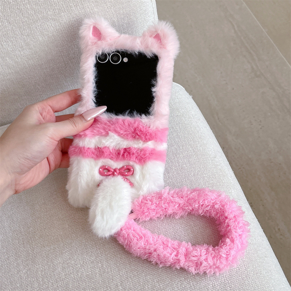 Pluff ตลกการ์ตูนสีบล็อกแถบแมว Plush สําหรับ Samsung Z Flip 7 6 5 3 zflip 4 Z Flip6 กรณีกันกระแทก PC Hard กลับเคสโทรศัพท์สําหรับ Galaxy Z Flip 5