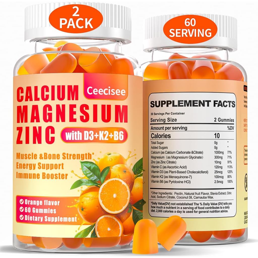 กัมมี่แคลเซียมแมกนีเซียมสังกะสีพร้อม D3 &B6 &K2,1000mg Calcium Gummies พร้อมแมกนีเซียม 300 มก. รองรั