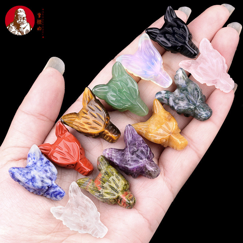 2118-ธรรมชาติอเมทิสคริสตัลสีชมพูเสือตาหินแกะสลักหมาป่าหัวงานฝีมือสัตว์เครื่องประดับขนาดเล็ก