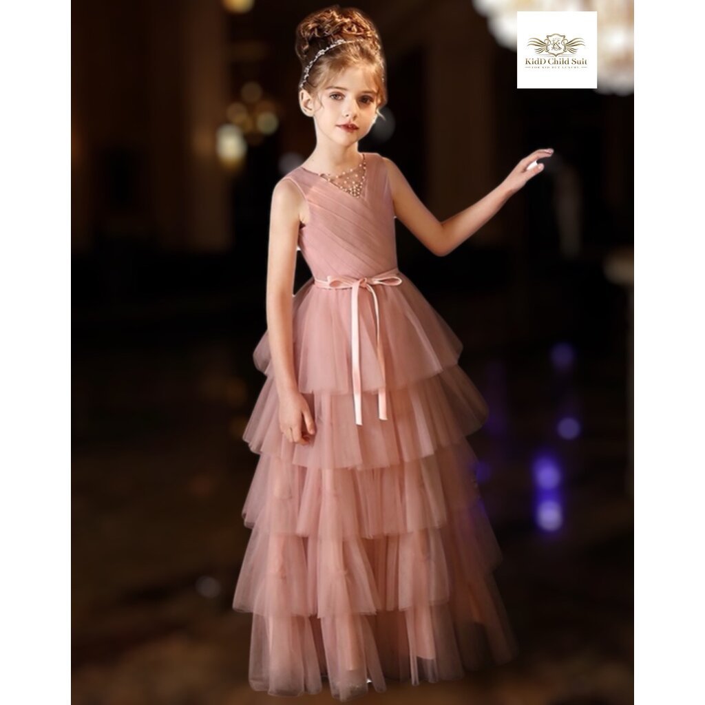 Dress Girls เดรสชมพู ชุดแสดงเปียโน เดรสกระโปรงระบายชั้น ชุดออกงาน แสดงไวโอลิน ชุดกระโปรงยาว แถมที่คาดผมคละแบบ ชุดเดรส...