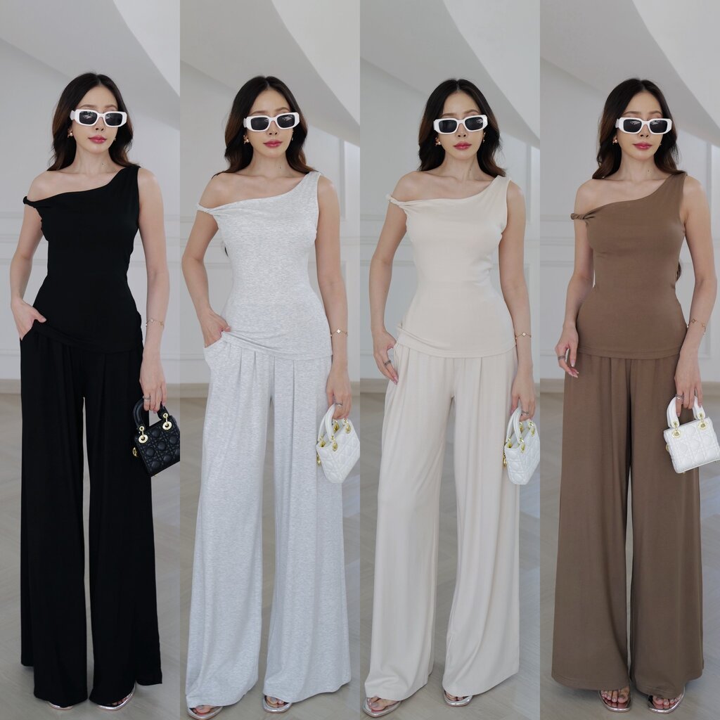 #9883 HILOOK ชุดเชต ผ้ายืดแบบพรีเมียม เสื้อกล้ามไหบ่เดียว อีกด้านม้วนเปิดไหล่ + กางเกงขายาวกระบอบเอวสม็อคยืด