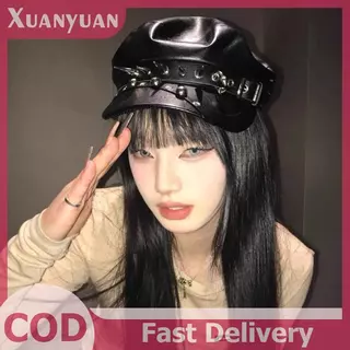 XUAN Vintage Rivet Beret Harajuku Y2K สาว Gothic Lolita หนังสีดํา Dark Face เปิดเผยแบน Newsboy หมวก Beret TH