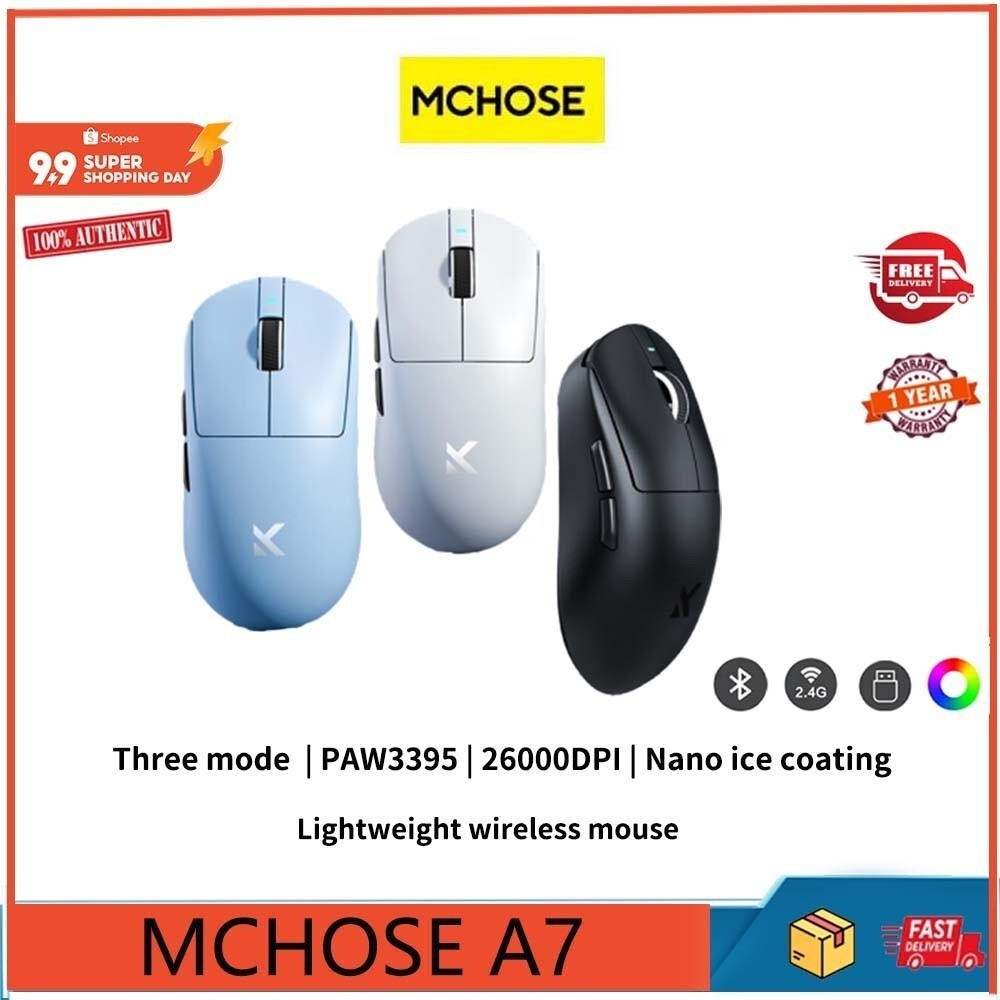 MCHOSE A7 highorder lightweight three mode wireless game mouse dual 8K PAW3395 ergonomic keyless gam