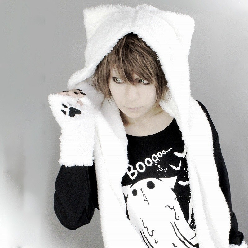Soft fufu Warm Alien Cat Hat Black and White Scarf Furry Cat Ears Couple Men's Women's Hoodie Scarf