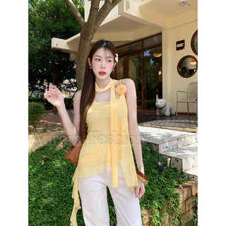 Aurora🛒พร้อมส่ง🚚 (รูปถ่ายจากงานจริง) เสื้อสายเดี่ยวผ้าซีฟอง สีเหลืองอ่อนสไตล์เกาหลีน่ารัก