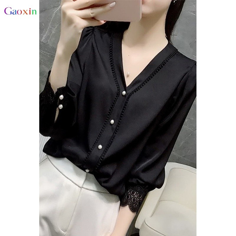 เสื้อชีฟองสีดำ คอวี พลัสไซส์ สำหรับผู้หญิง ฤดูใบไม้ผลิและฤดูร้อน 2025