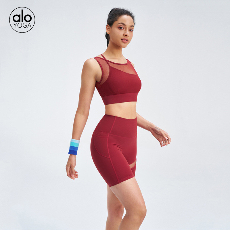 Alo Yoga Wear Suit Women Sports Bra Cloudy Gauze Stitching Quarter Pants Fitness Suit