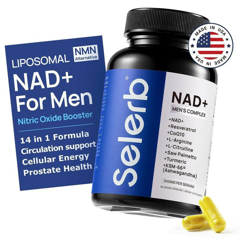อาหารเสริม Selerb NAD+ สําหรับผู้ชาย – พร้อม Liposomal-NAD+,CoQ10, L-Carnitine, L-Arginine, Maca & Ashwagandha Fitness – พลังงาน, การไหลเวียนและต่อมลูกหมากสนับสนุน – 60 แคปซูล