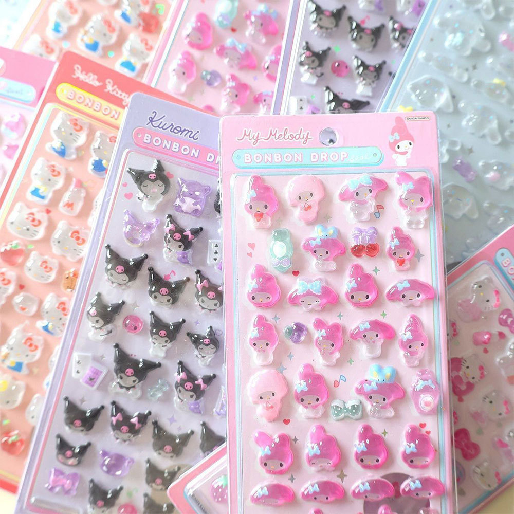 Sanrio 3D คริสตัลฟองสติกเกอร์ My Melody Kuromi Hello Kitty การ์ตูน Kpop Photocard Journal เคสโทรศัพท์ Deco สติกเกอร์
