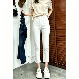 GHAOHES กางเกงยีนส์ทรงกระบอกเล็ก ผ้ายืด 3 สี เอวสูง 2 กระดุม ซ่อนหน้าท้องสะโพกกว้าง #V13#6689