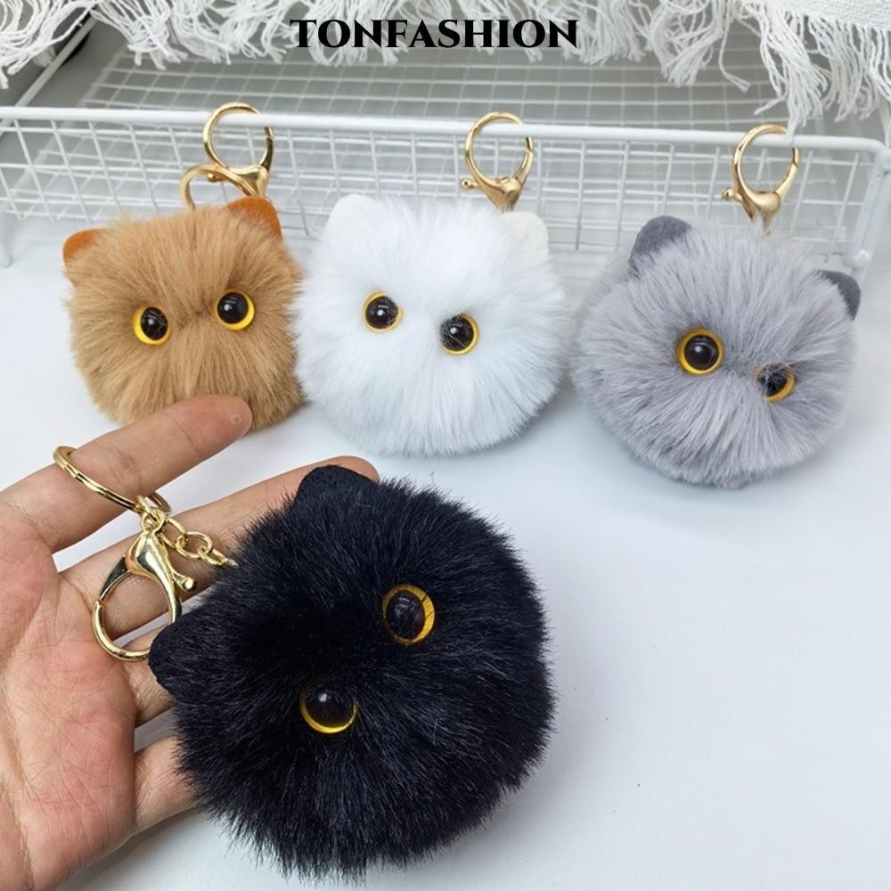 TONFASHION จี้ลูกบอลกลม, ตุ๊กตาแมวตุ๊กตาลูกบอลขนตาใหญ่, ของขวัญพวงกุญแจตุ๊กตาสีดําน่ารัก