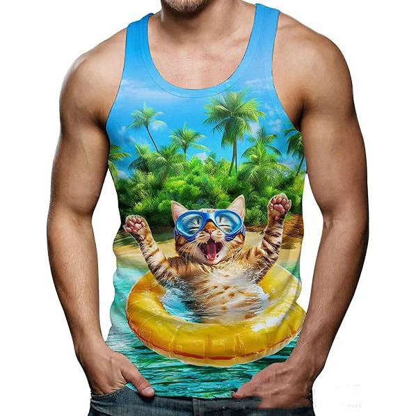 Man 3D พิมพ์ตลก Shark Cat O-คอเสื้อกล้ามแขนกุดสําหรับ Gym Street Beach ทุกวัน Casual Weekend Leisure