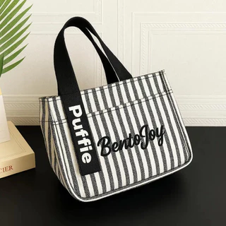 Puffie พร้อมส่ง กระเป๋าโท้ทผ้าแคนวาสลายทาง มีซิปช่องนอก ใส่กล่องข้าว ขวดน้ำ จุของเยอะ ใช้ทุกวัน