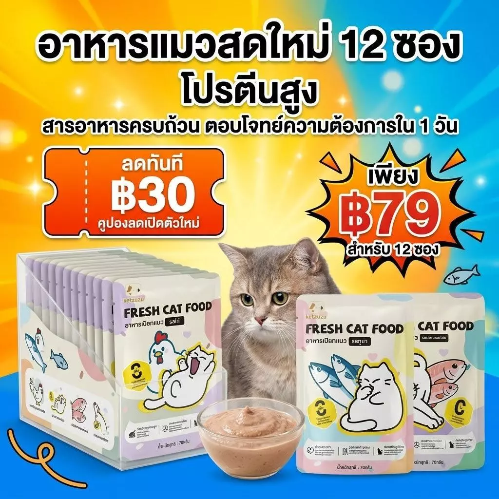 【Ketzuzu】อาหารเปียกแมว 70g [12ซอง] บำรุงขนเงางาม ผิวสุขภาพดี อาหารเปียกแมว ขนมแมว ขนมแมวเลีย รสไก่ ทูน่า แซลมอน🐾