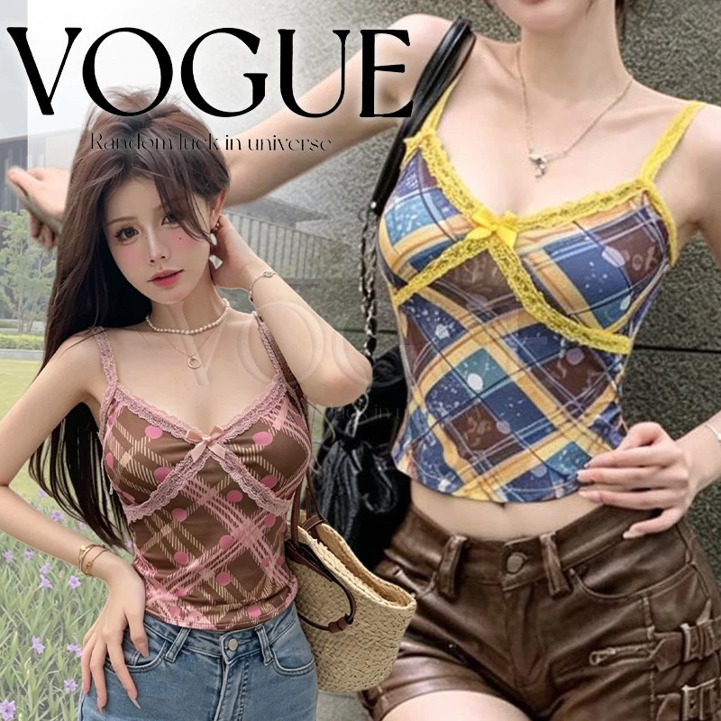 Vogue🌟พร้อมส่ง🌟 เสื้อสายเดี่ยวลายสก็อตดีเทลผ้าลูกไม้ ดีไซน์ใหม่รับซัมเมอร์ต้นฤดู ใส่สบายสำหรับผู้หญิง (FY33082)
