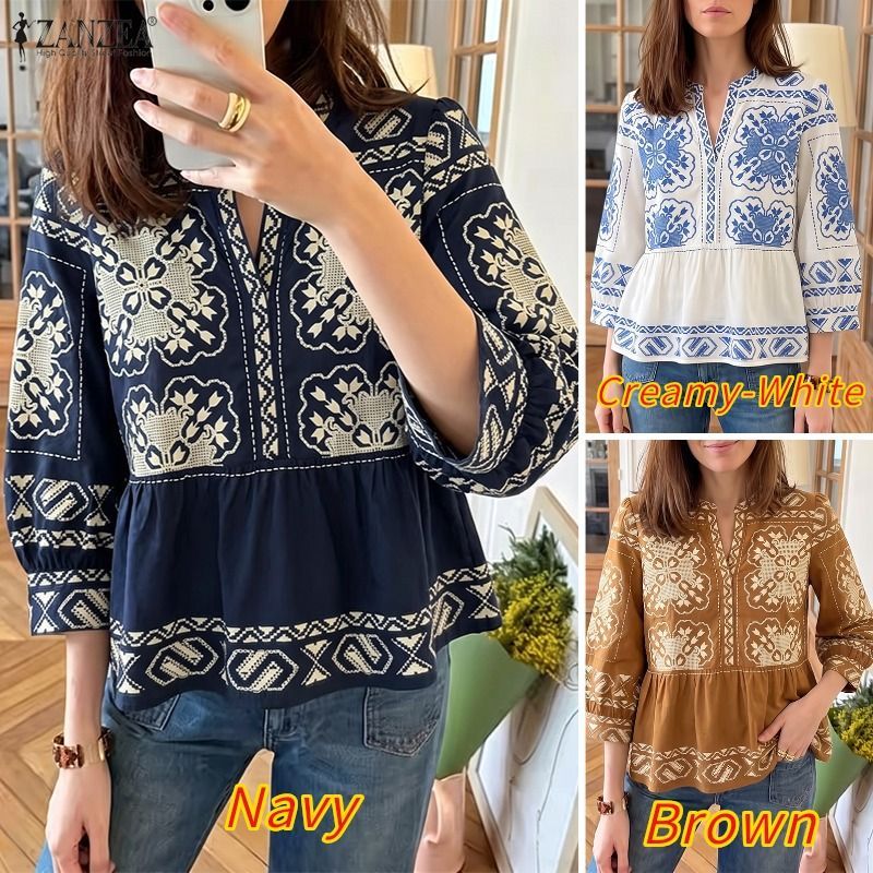 ZANZEA เสื้อผ้าผู้หญิงเกาหลีลําลองดอกไม้โบฮีเมียนวันหยุด 3/4 แขนยืนปกพิมพ์เสื้อ Ruffle Hem — صورة 3