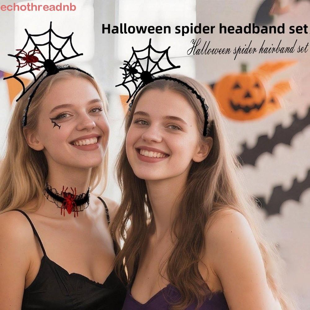 PIVOT ที่คาดผมฮาโลวีน,สีดําตาข่าย Hairband สร้อยคอชุด,บุคลิกภาพคอสเพลย์ Props Hollow Ruffles Spider 