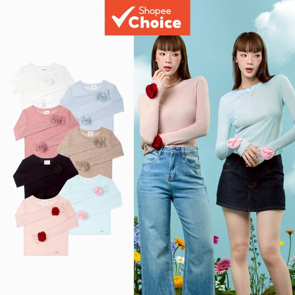 เสื้อยืดแขนยาวคาเมลเลียสไตล์ Y2K ทรงเข้ารูป ลายริบเก๋ไก๋