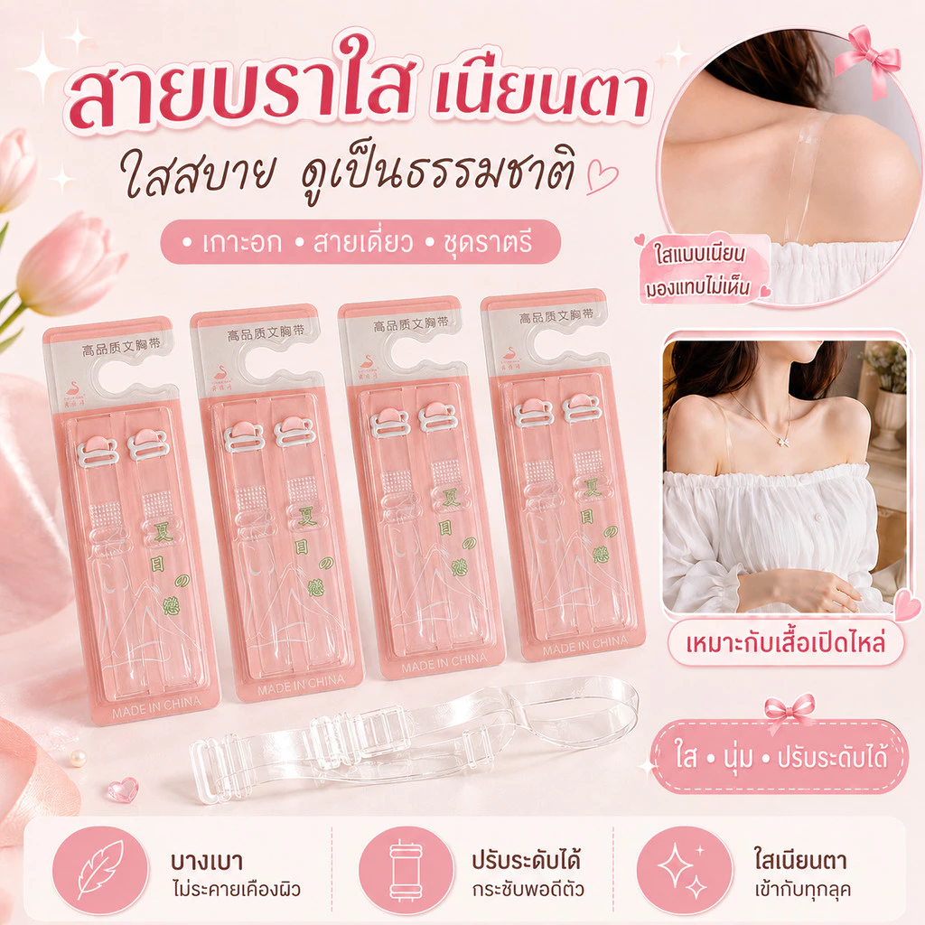 สายเสื้อในใส แบบเนียนตา ปรับระดับได้ สายบราใสไร้รอย เหมาะกับเสื้อเปิดไหล่ เกาะอก เดรส ใส่สบาย มั่นใจทุกลุค