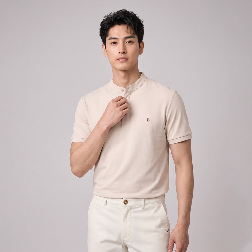 LTD เสื้อโปโลแขนสั้น ผู้ชาย สีเบจ | Pique polo banded collar | 03634
