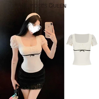 MOSESQUEEN ความเมตตา สไตล์เกาหลีแขนฟองลูกไม้ติดตั้งแขนสั้นเสื้อยืดผู้หญิงฤดูร้อนร่างกายรูปร่างผอมอายุลดร้อยสไตล์แฟชั่นเสื้อ #63930