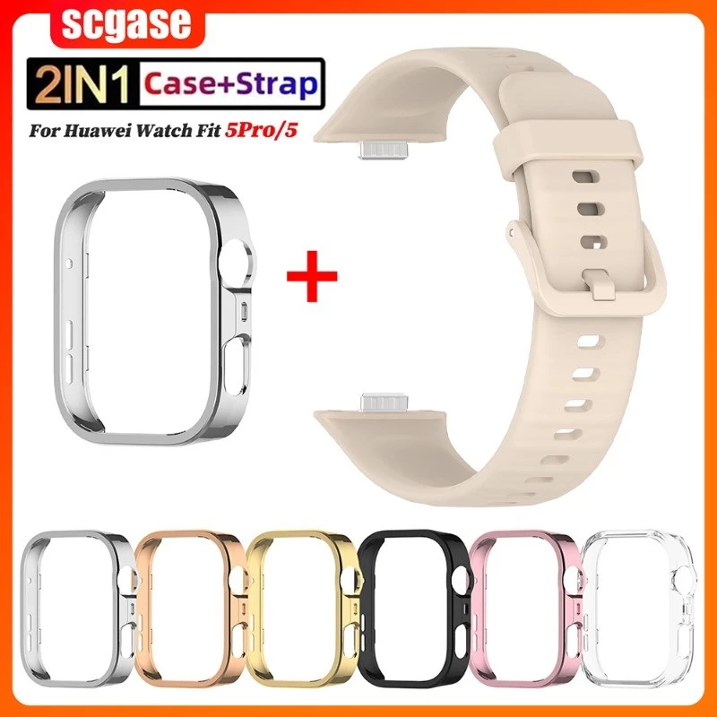 สายซิลิโคน + เคสสําหรับ Huawei Watch Fit 5 Pro Sport Band Hard PC Hollow ฝาครอบป้องกันสําหรับ Huawei Fit 5 Protector กันชน
