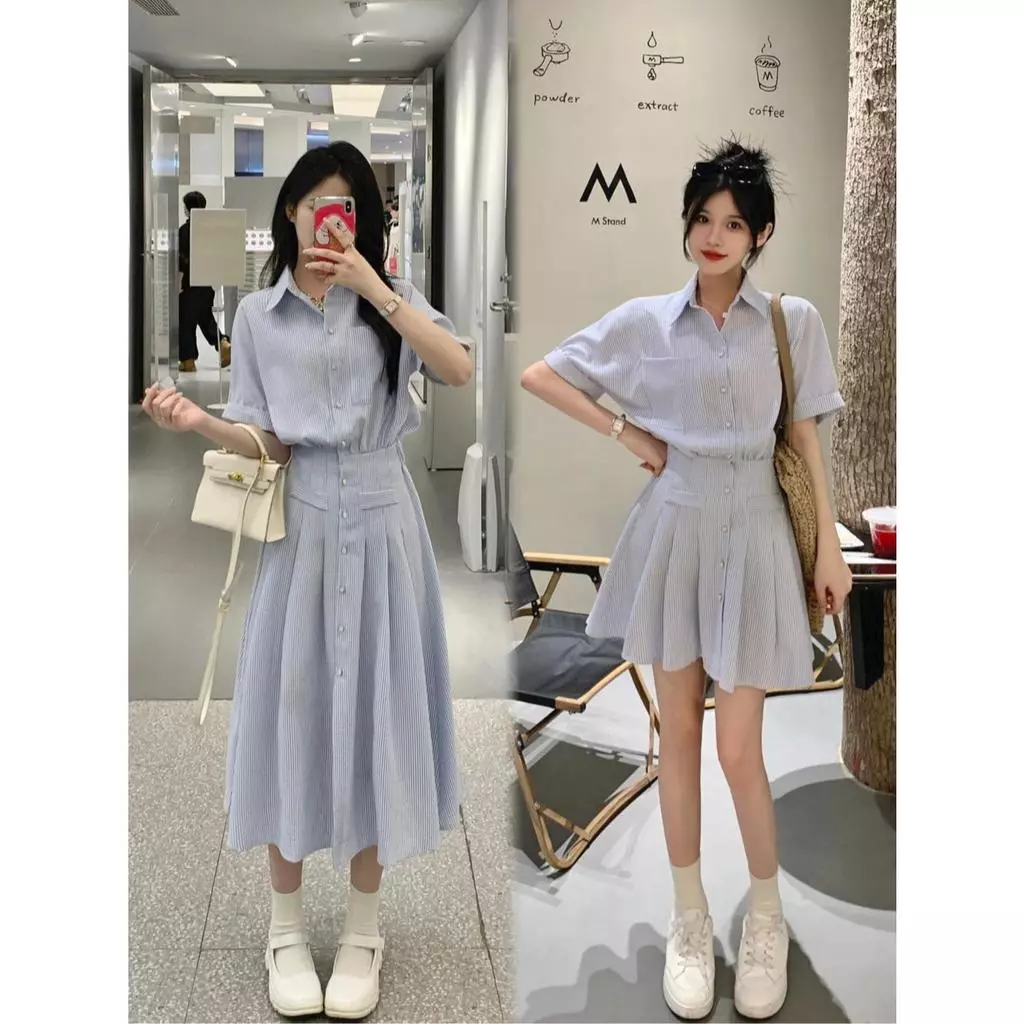 mimi เสื้อเดรสเชิ้ต เดรสแขนสั้นคอโปโลลายทางสำหรับผู้หญิงไซส์ใหญ่ มีชุดเดรสทั้งแบบสั้นและแบบยาวให้เลือกค่ะ#99447/448