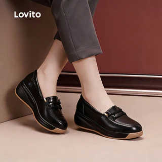 Lovito รองเท้าทรงเรือลำลองสไตล์เกาหลี ส้นสูงแบบแพลตฟอร์ม พื้นนุ่ม สีขาวนวล สำหรับผู้หญิง LFAS8008