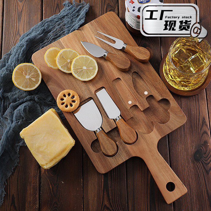 Acacia wood cheese board set with stainless steel cheese knife and combination knife set4Set