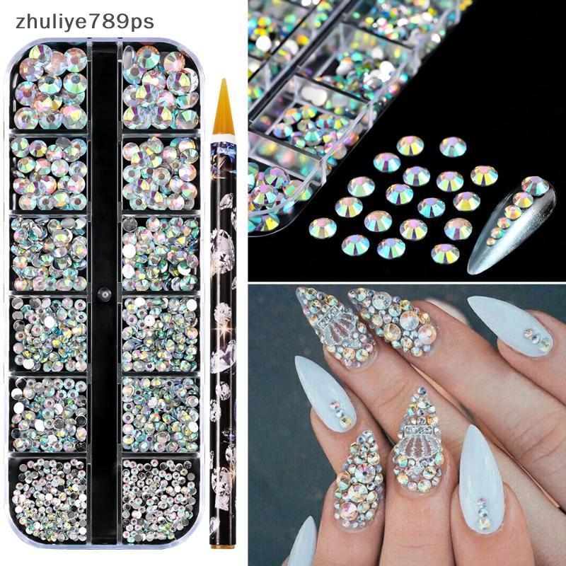 Zuliye789ps] 12 กริดวงกลมด้านล่างแบนผสมเล็บเพชรเล็บ Rhinestone AB พร้อมเจาะปากกาประกายที่มีสีสันเครื