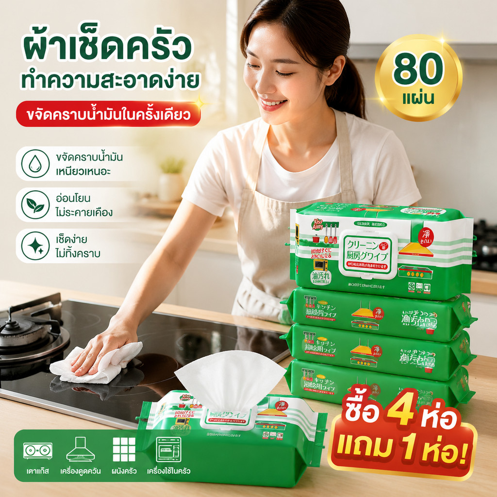 [ซื้อ 4 แถม 1 400แผ่น] ผ้าเปียกทำความสะอาดครัว กลิ่นเลมอน ขจัดคราบน้ำมัน 99% ทิชชู่เปียกอเนกประสงค์