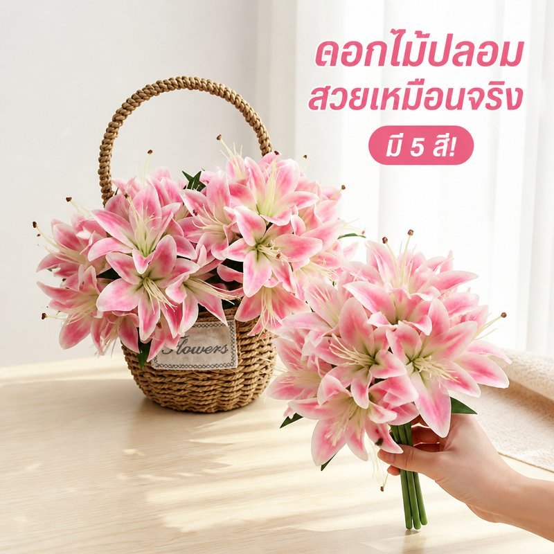 ดอกลิลลี่เทียม ชุดดอกไม้ปลอม 12 ดอก 6 ก้าน ดอกไม้ประดิษฐ์ ตกแต่งบ้าน โต๊ะทำงาน งานแต่ง