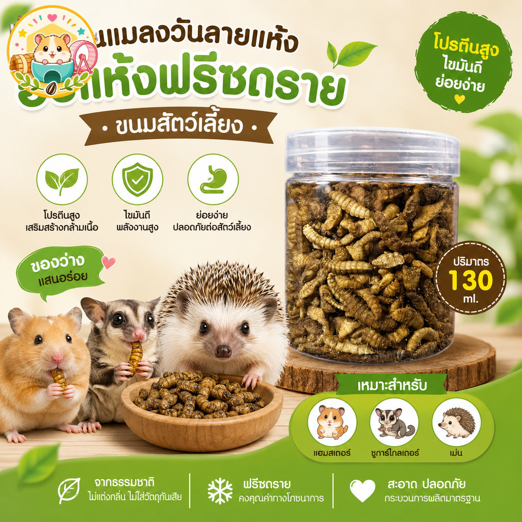 Hamster.lover ขนมแฮมสเตอร์ ชูการ์ เม่นแคระ หนอนแมลงวันลายอบแห้ง ฟรีซดราย 130ml ขนมสัตว์เลี้ยงขนาดเล็ก อร่อย มีประโยชน์