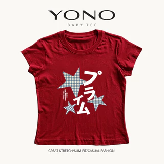 (พร้อมส่ง24ชม.) YONO baby tee สีขาว ลายดาวลายตารางและตัวอักษรญี่ปุ่น ทรงเข้ารูป ลุคเกาหลี y2k