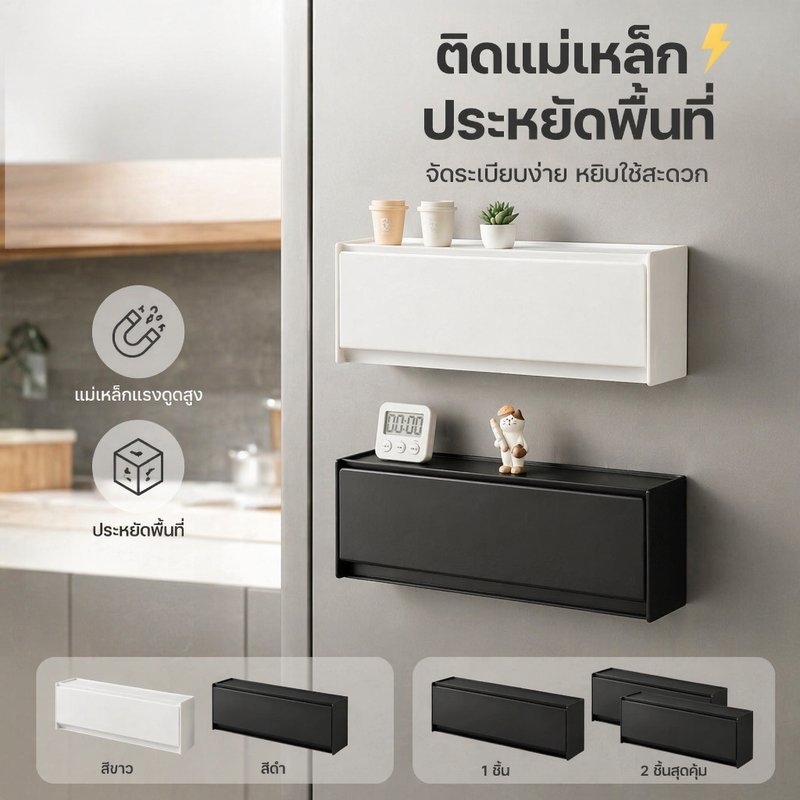 กล่องเก็บของติดผนัง แม่เหล็กติดตู้เย็น ที่จัดระเบียบห้องครัว ฝาปิดกันฝุ่น แบ่งช่องเก็บของ