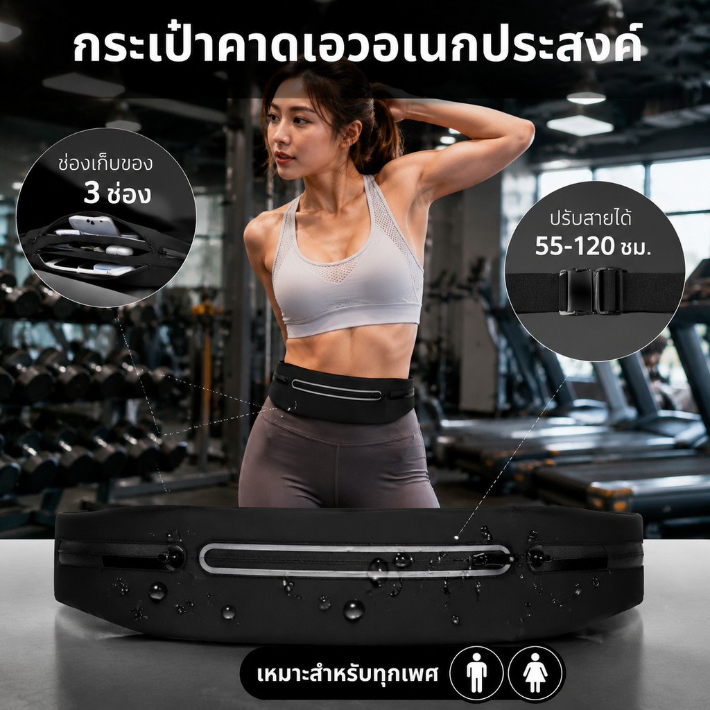 กระเป๋าคาดเอวออกกำลังกายสีดำทรงเพรียวบาง รูปที่ 6
