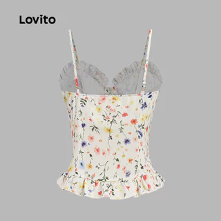 (New Arrival) Lovito เสื้อลายโบฮีเมียน แต่งขอบผักกาดหอม กระดุม สไตล์ฤดูใบไม้ผลิ/ฤดูร้อนสําหรับผู้หญิง วันหยุด เกาหลี อินเทรนด์ TKB200TD242