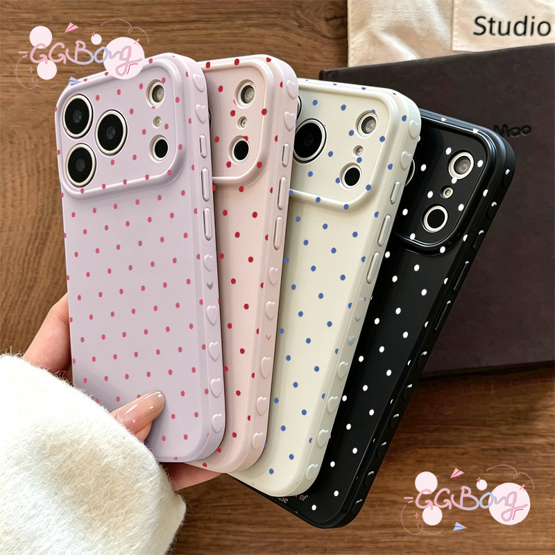 สำหรับ IPhone 17 12 15 13 16 14 Pro Max 16 7 8 15 Plus XR X XS Air เคสชมพู ม่วง ลายจุด หัวใจฟูม สไตล์หวานกันกระแทก