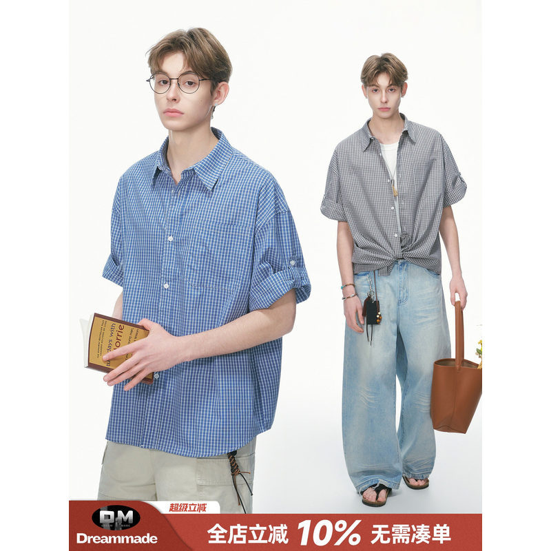 Dream made Royal Blue Plaid Short-Sleeved Shirt Mens Summer People Feel Wear Boys Shirt Jacket