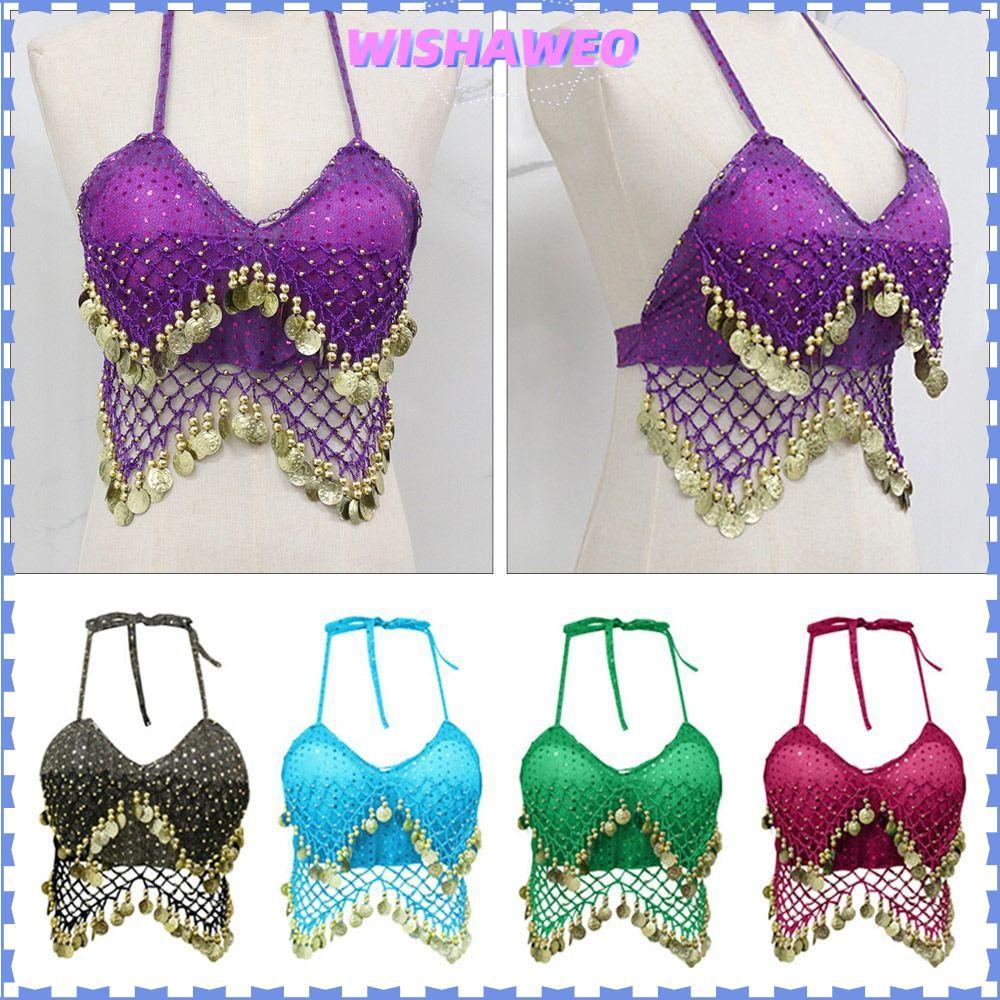WISHAWEO Belly Dance Bra,แขนกุดเงาละตินเต้นรํา, Charming Halter คอเต้นรําสวมใส่พู่แสดงเครื่องแต่งกายเทศกาล