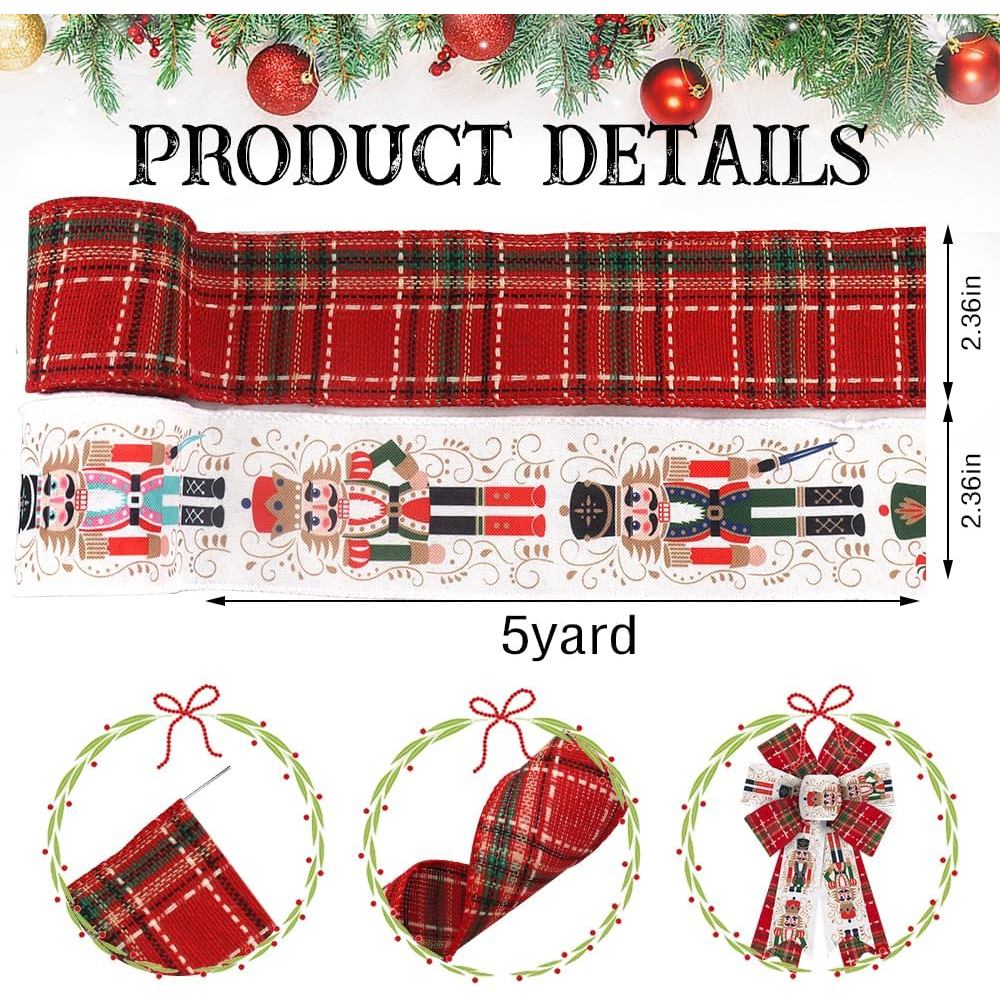 Hying 2 ม้วนริบบิ้นคริสต์มาสสําหรับพวงหรีด Bows เครื่องประดับ, Xmas แบบมีสายขอบริบบิ้นคริสต์มาสการ์ต