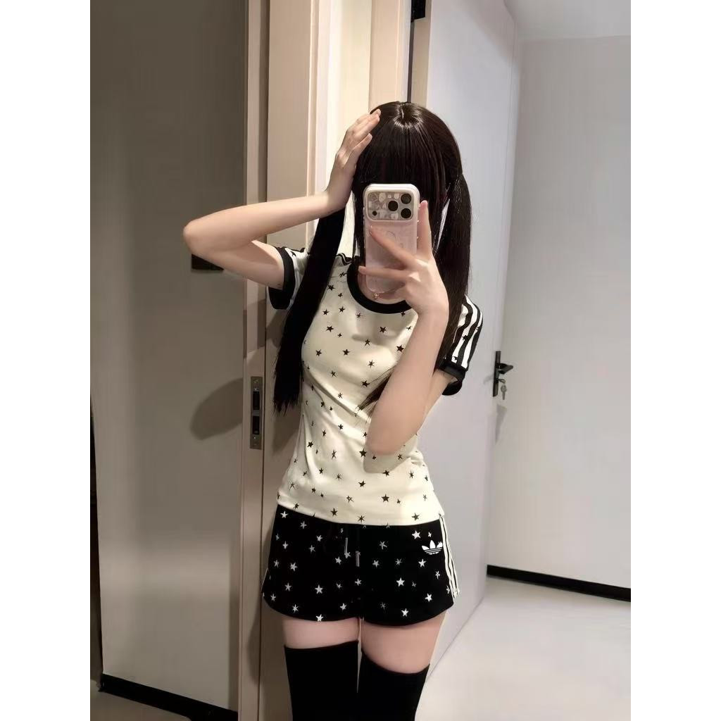 Adidas Womens Summer Y2K Hot Girl Outfit, 3-Stripes Star Print Crew Neck Slim Breathable T-shirt & C